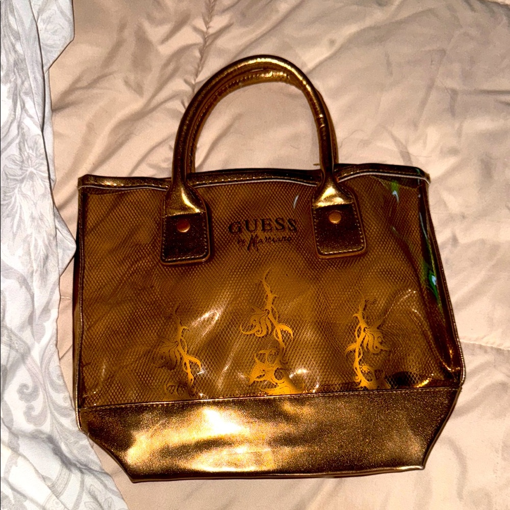 Guess Gold Metallic Tote Bag with Structured Design